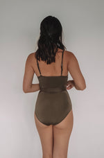 Load image into Gallery viewer, one-piece army green swimsuit with ruched top and belt detail
