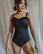 Load image into Gallery viewer, black one-piece swimsuit with mesh straps and chiffon flowers

