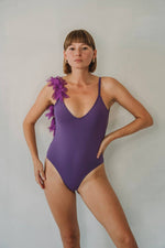 Load image into Gallery viewer, one-piece swimsuit with chiffon leaves in color taro
