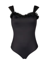 Load image into Gallery viewer, black one-piece swimsuit with mesh straps and chiffon flowers
