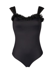 black one-piece swimsuit with mesh straps and chiffon flowers