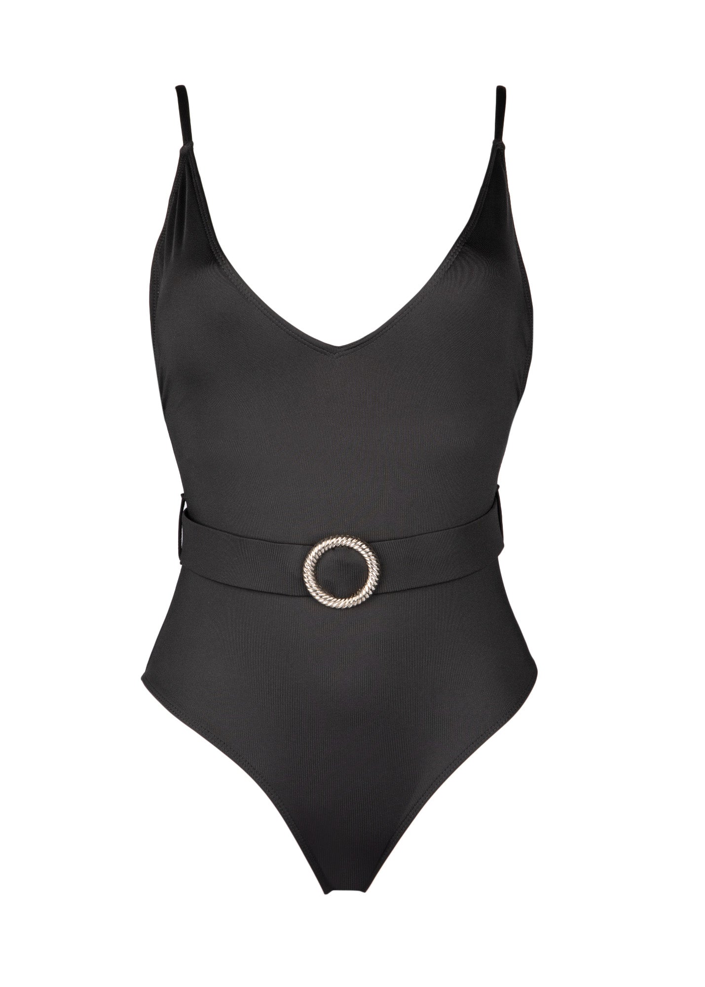 black one-piece swimsuit with V-neck cut