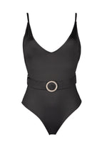 Load image into Gallery viewer, black one-piece swimsuit with V-neck cut
