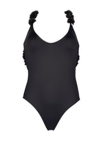 Load image into Gallery viewer, backless one-piece swimsuit with chiffon flowers in color black
