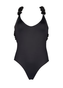 backless one-piece swimsuit with chiffon flowers in color black