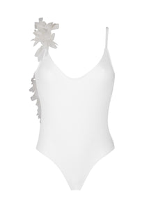 white one-piece swimsuit with chiffon leaves