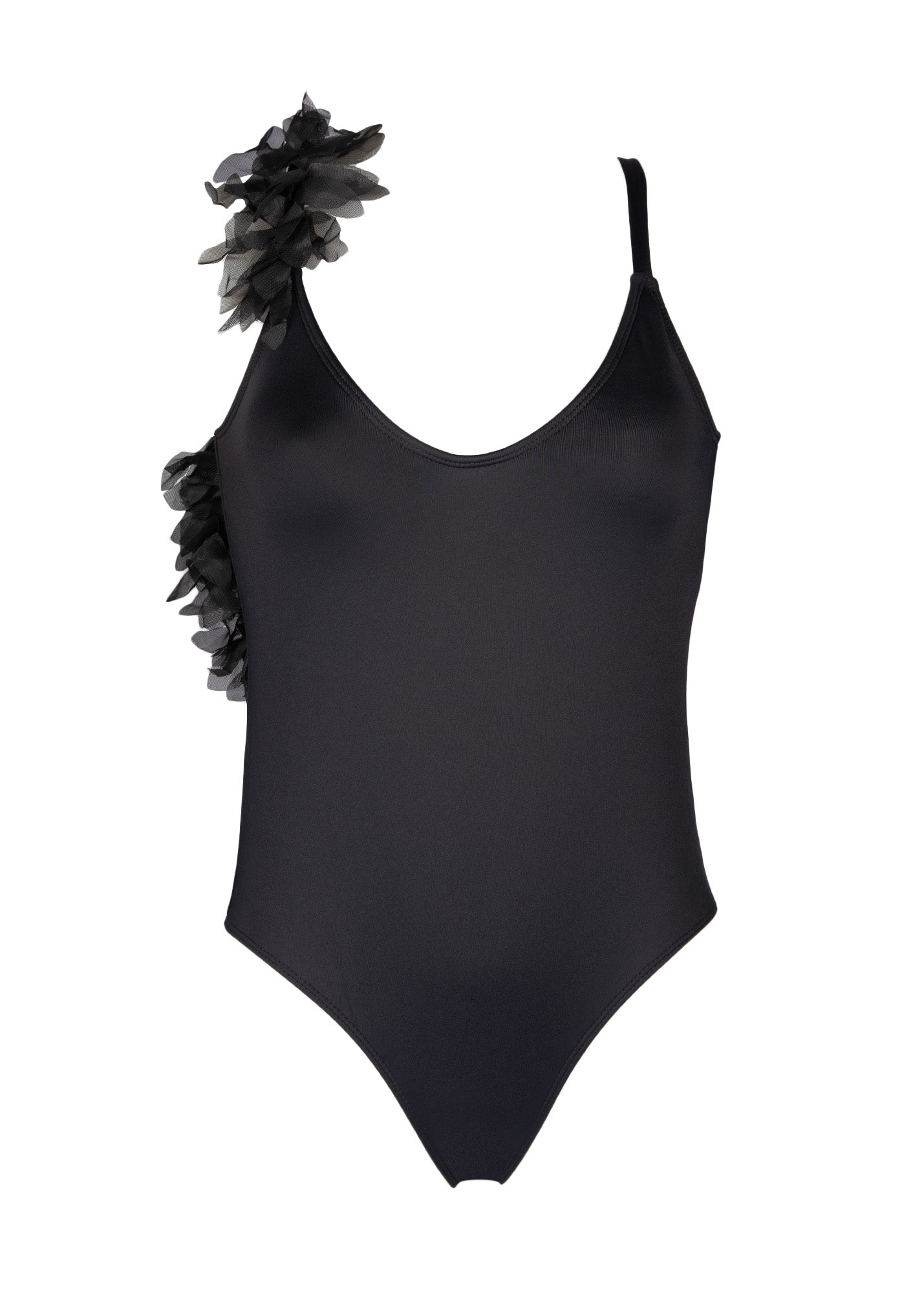 black one-piece swimsuit with chiffon leaves