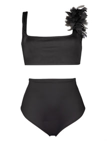 2-piece highwaist swimsuit with chiffon leaves in black