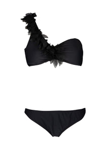two-piece bikini with chiffon leaves in black