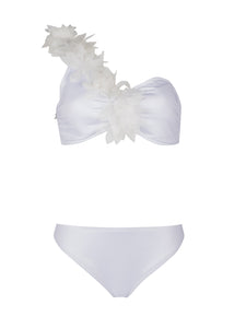 two-piece bikini with chiffon leaves in white