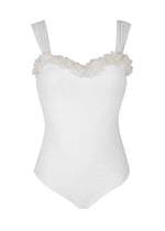 Load image into Gallery viewer, white one-piece swimsuit with mesh straps and chiffon flowers
