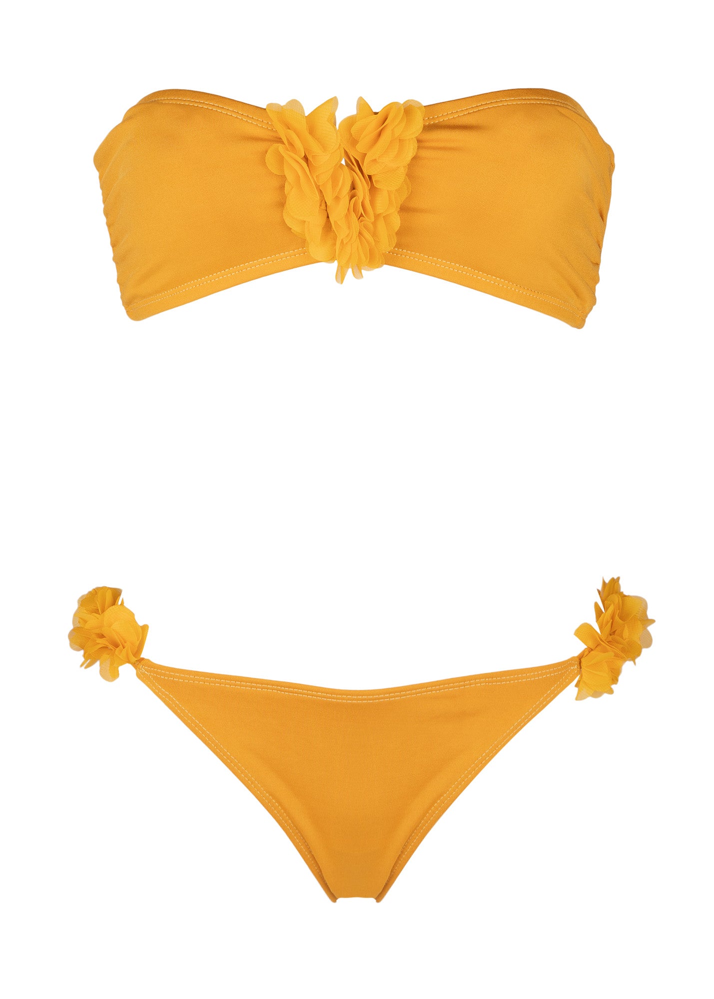 two-piece swimsuit with chiffon flowers in color mustard