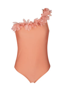 drunk blush asymmetrical one piece swimsuit with chiffon leaves
