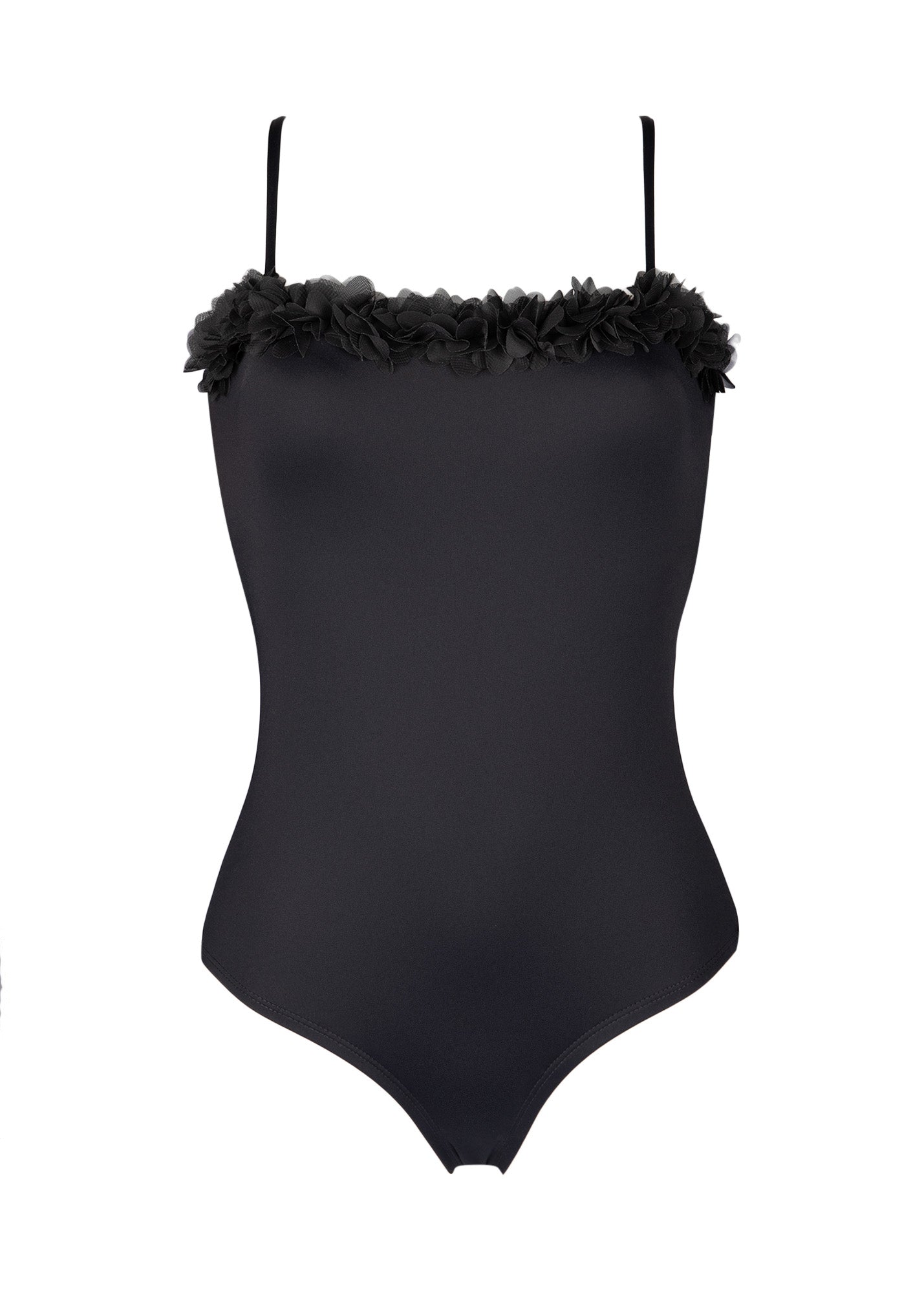 one-piece swimsuit with chiffon flowers in color black