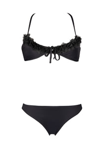 two-piece swimsuit with chiffon flowers in color black