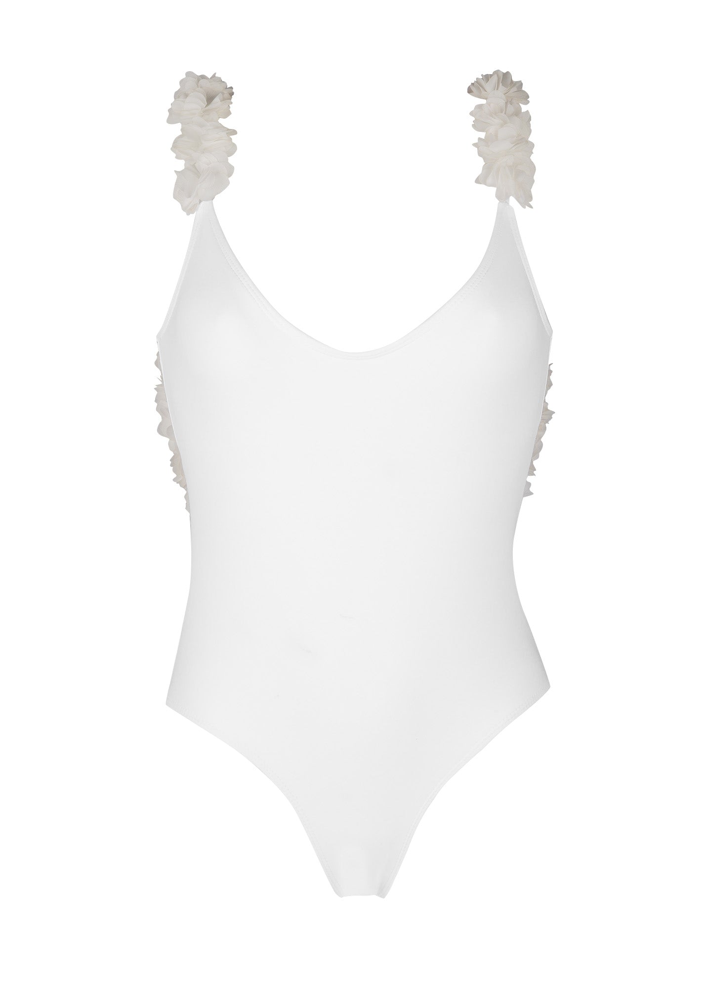 backless one-piece swimsuit with chiffon flowers in color white