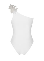 Load image into Gallery viewer, white asymmetrical one piece swimsuit with chiffon leaves
