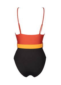 one-piece swimsuit with V-neck cut in tricolor