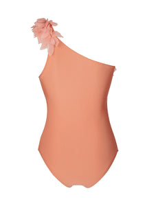 drunk blush asymmetrical one piece swimsuit with chiffon leaves