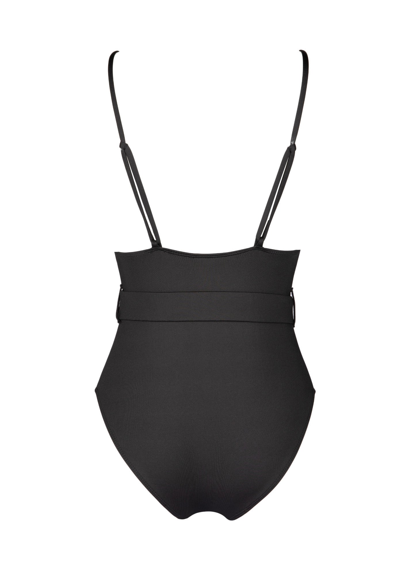 black one-piece swimsuit with V-neck cut 