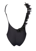 Load image into Gallery viewer, black one-piece swimsuit with chiffon leaves
