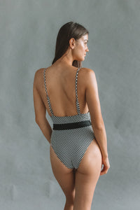 polka dot one-piece swimsuit with V-neck cut