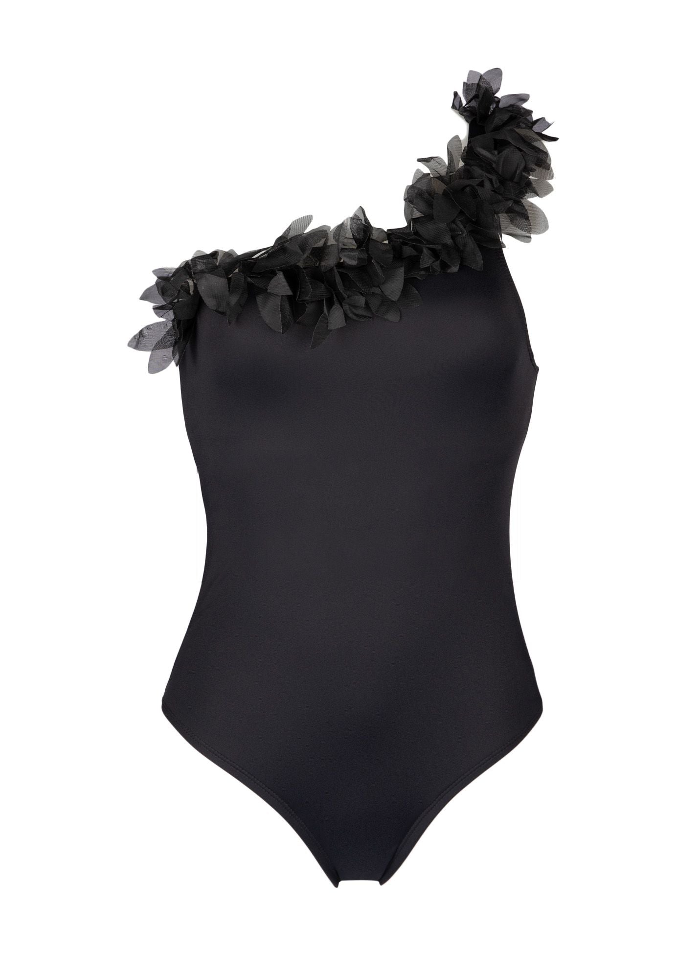 black asymmetrical one piece swimsuit with chiffon leaves