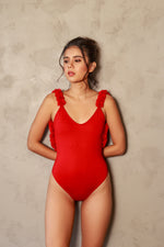 Load image into Gallery viewer, backless one-piece swimsuit with chiffon flowers in color rogue
