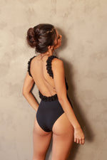 Load image into Gallery viewer, backless one-piece swimsuit with chiffon flowers in color black
