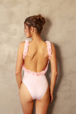 Load image into Gallery viewer, backless one-piece swimsuit with chiffon flowers in color ballet
