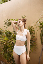 Load image into Gallery viewer, 2-piece highwaist swimsuit with chiffon leaves in white
