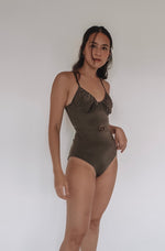 Load image into Gallery viewer, one-piece army green swimsuit with ruched top and belt detai
