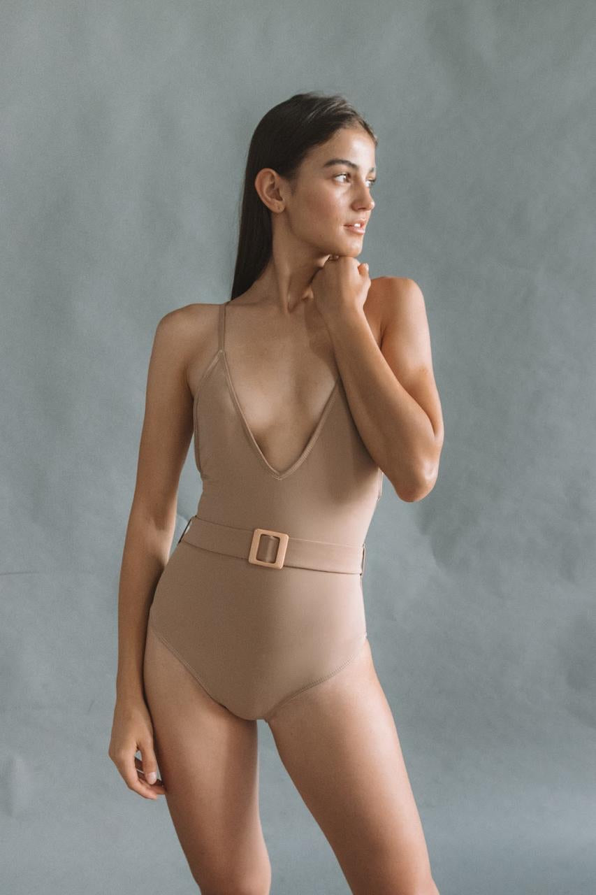 one-piece swimsuit with V-neck cut In color tan