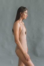 Load image into Gallery viewer, one-piece swimsuit with V-neck cut in color tan
