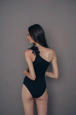 Load image into Gallery viewer, black asymmetrical one piece swimsuit with chiffon leaves
