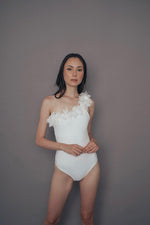 Load image into Gallery viewer, white asymmetrical one piece swimsuit with chiffon leaves
