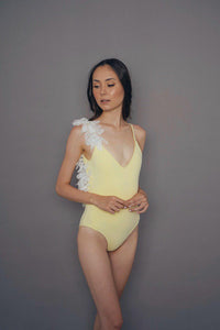 one-piece swimsuit with chiffon leaves in color sunlight