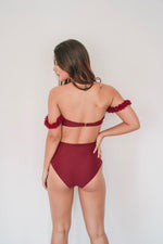 Load image into Gallery viewer, two-piece highwaist swimwear with chiffon flowers in color wine
