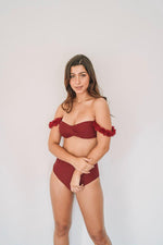 Load image into Gallery viewer, two-piece highwaist swimwear with chiffon flowers in color wine
