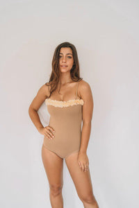 one-piece swimsuit with chiffon flowers in color tan
