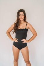 Load image into Gallery viewer, one-piece swimsuit with chiffon flowers in color black
