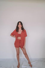 Load image into Gallery viewer, 3-piece bandeau, polo and shorts set in terracotta 
