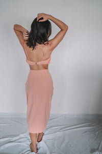 bandeau bralette and ruched skirt set in salmon