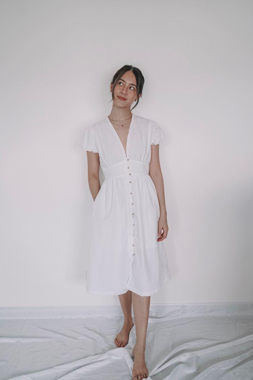 white midi dress with semi puffed sleeves