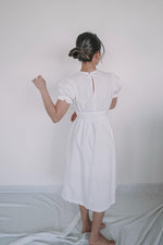 Load image into Gallery viewer, white midi dress with semi puffed sleeves
