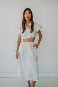 Cropped polo and flowy skirt in color white