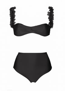 two-piece highwaist swimwear with chiffon flowers in black