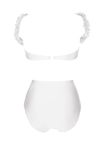 two-piece highwaist swimwear with chiffon flowers in white